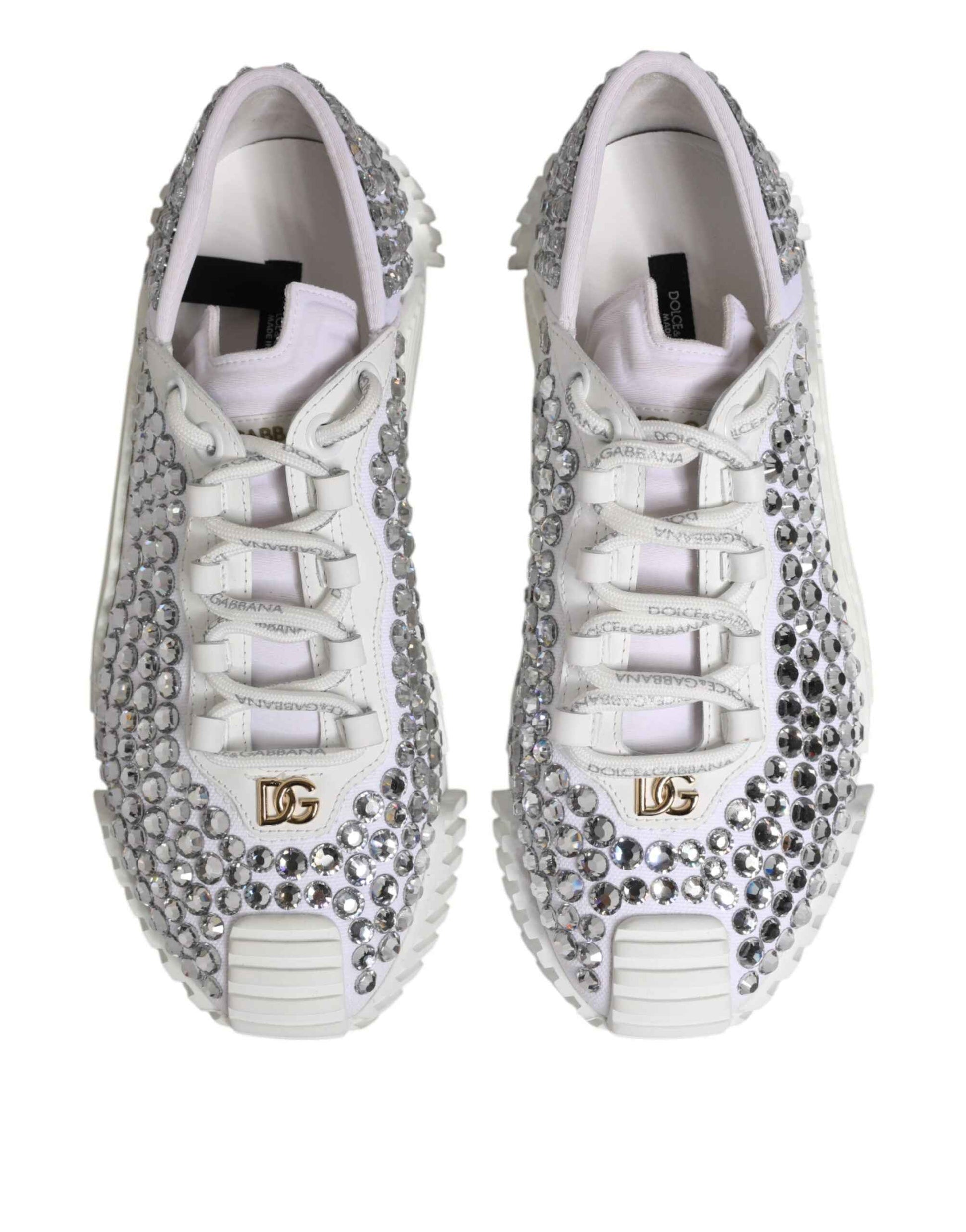 Dolce & Gabbana White NS1 Canvas Leather Embellished Sneakers Shoes by Dolce & Gabbana