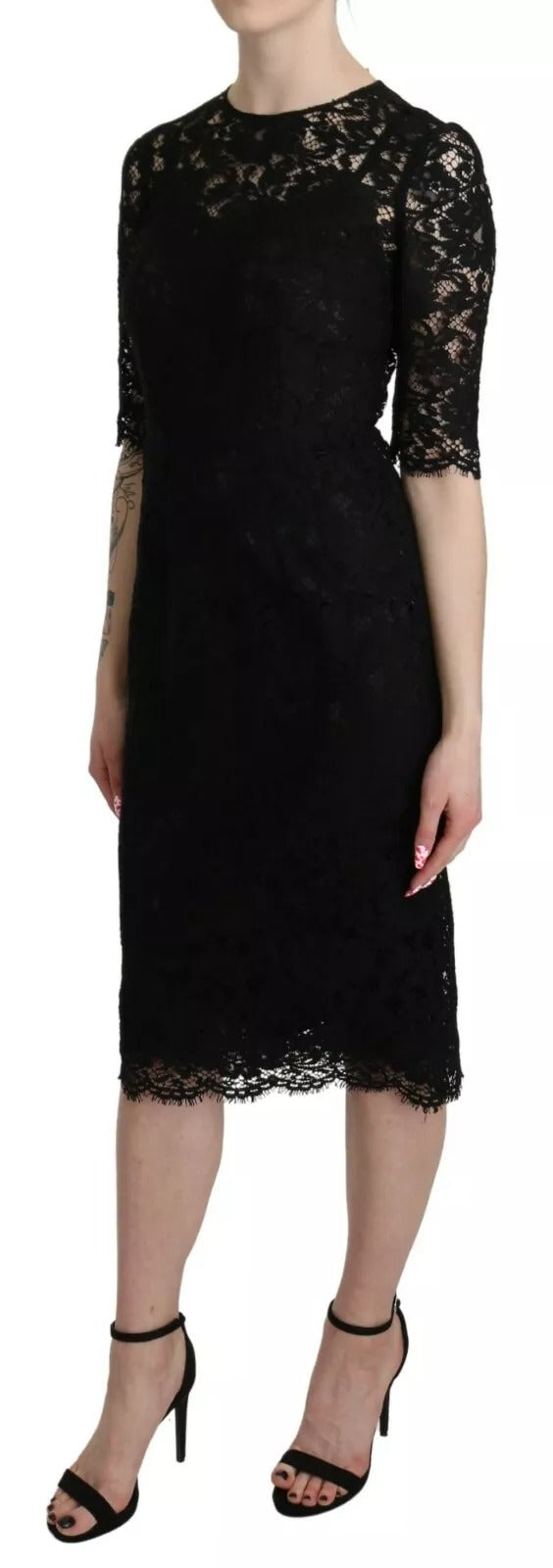 Dolce &amp; Gabbana Black Floral Lace Sheath Knee Length Dress