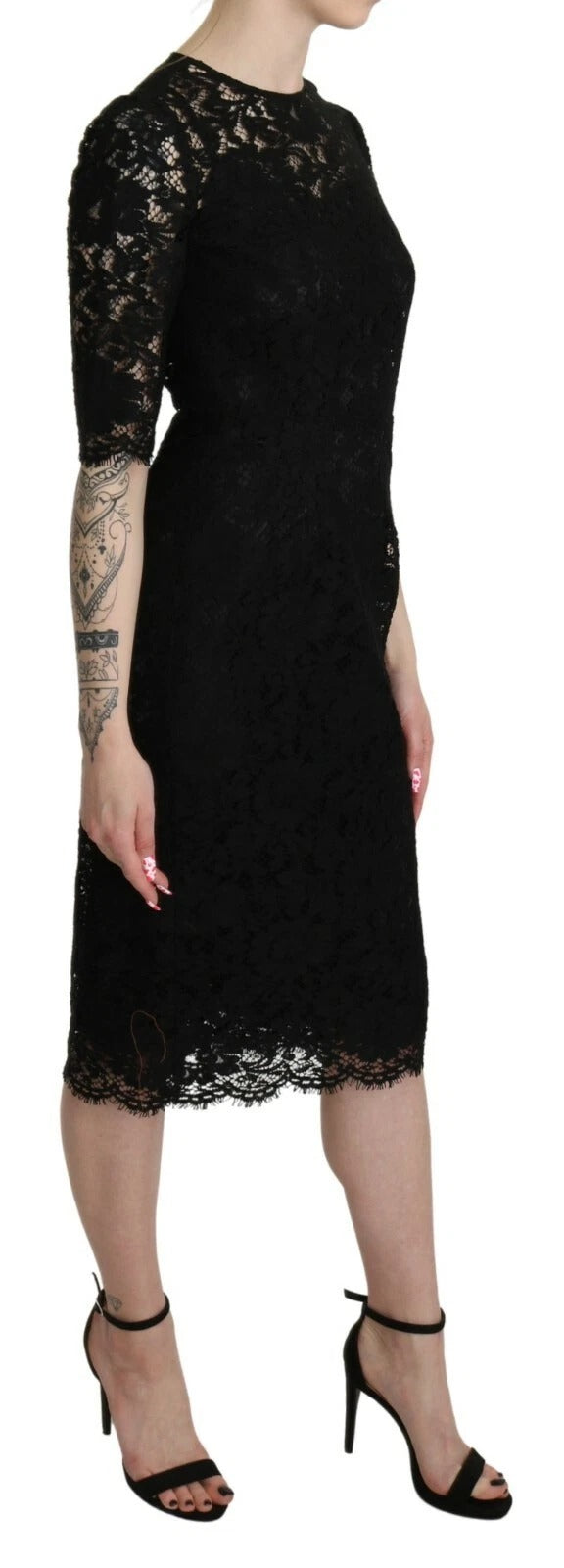 Dolce &amp; Gabbana Black Floral Lace Sheath Knee Length Dress