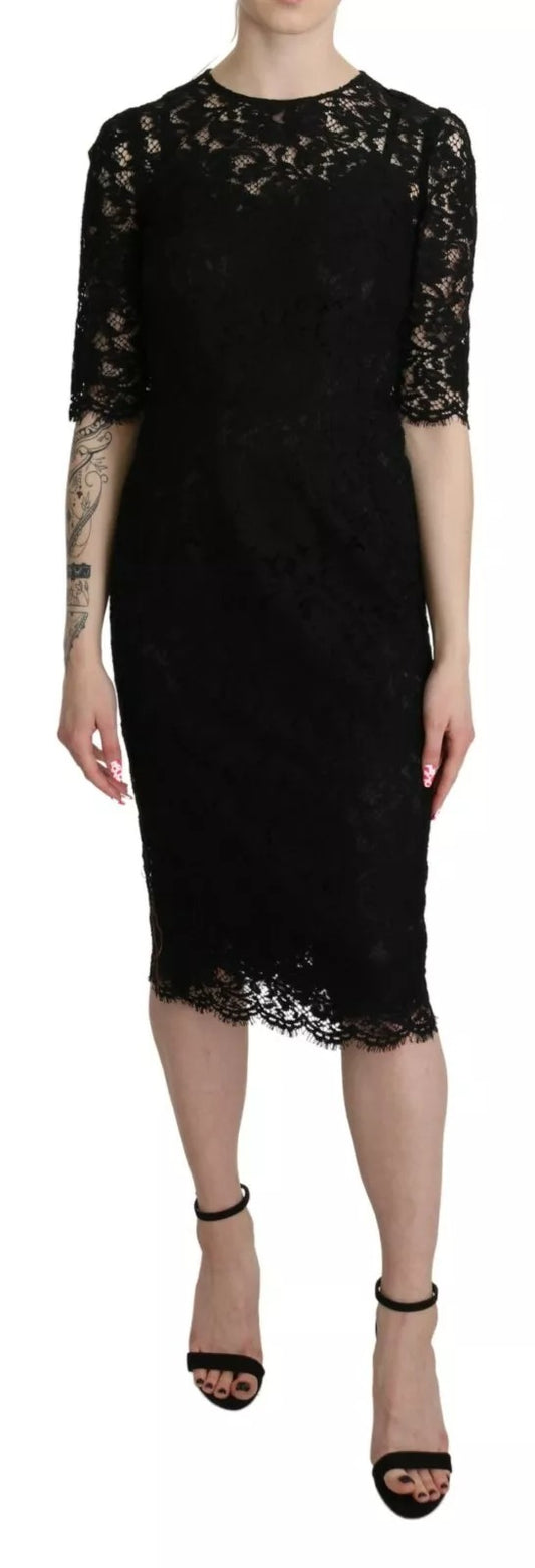 Dolce &amp; Gabbana Black Floral Lace Sheath Knee Length Dress