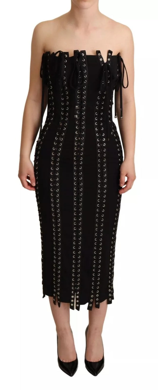 Dolce &amp; Gabbana Black Cady Sleeveless Lace Up Bodycon Dress