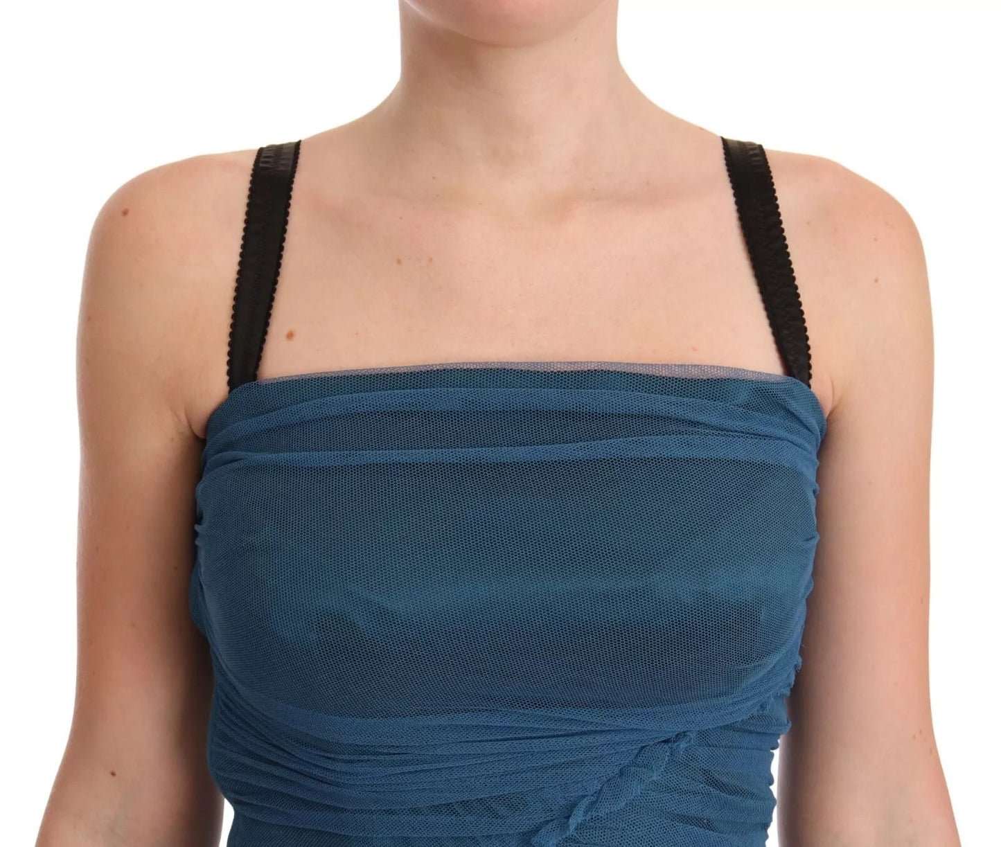 Dolce &amp; Gabbana Blue Mesh Trim Ruched Tulle Sheath Dress
