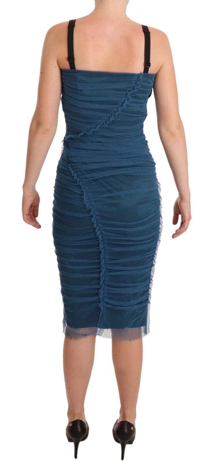 Dolce &amp; Gabbana Blue Mesh Trim Ruched Tulle Sheath Dress