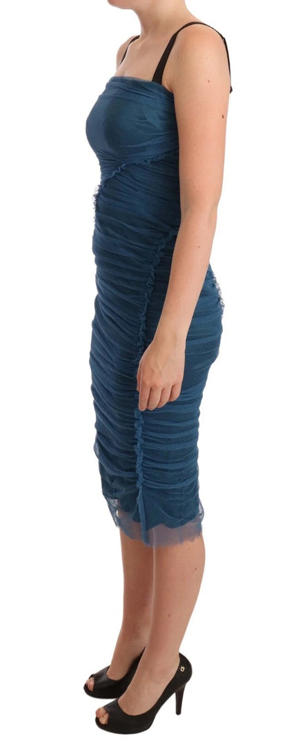 Dolce &amp; Gabbana Blue Mesh Trim Ruched Tulle Sheath Dress