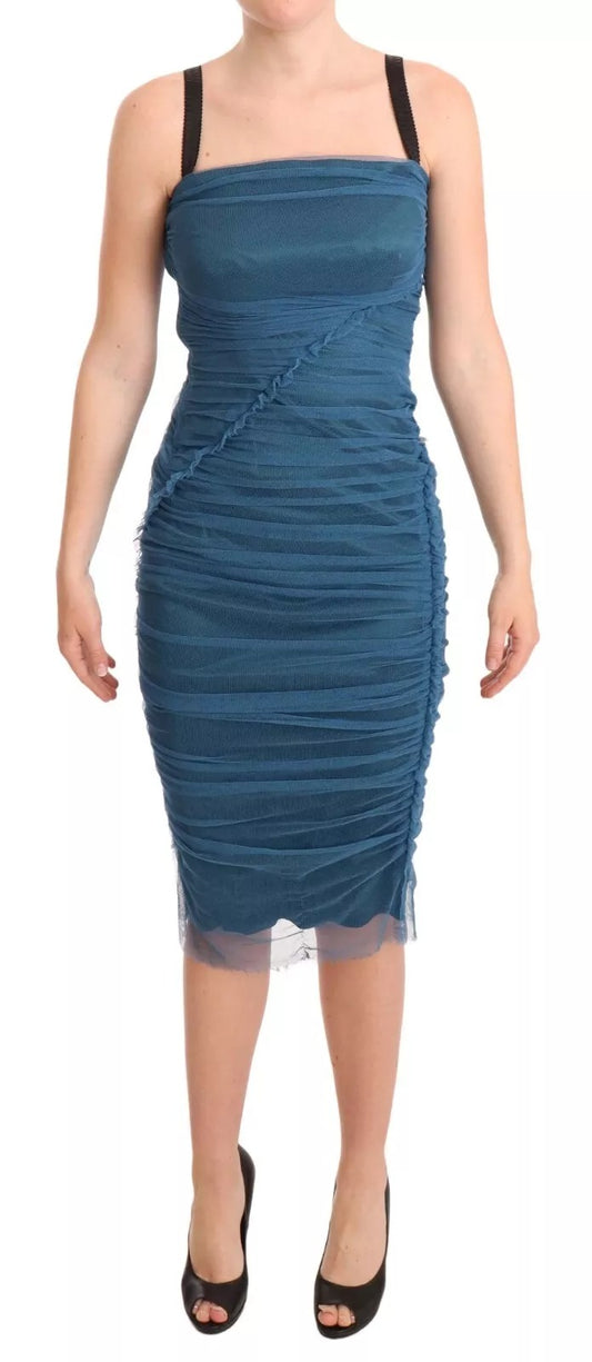 Dolce &amp; Gabbana Blue Mesh Trim Ruched Tulle Sheath Dress