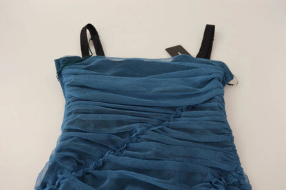 Dolce &amp; Gabbana Blue Mesh Trim Ruched Tulle Sheath Dress