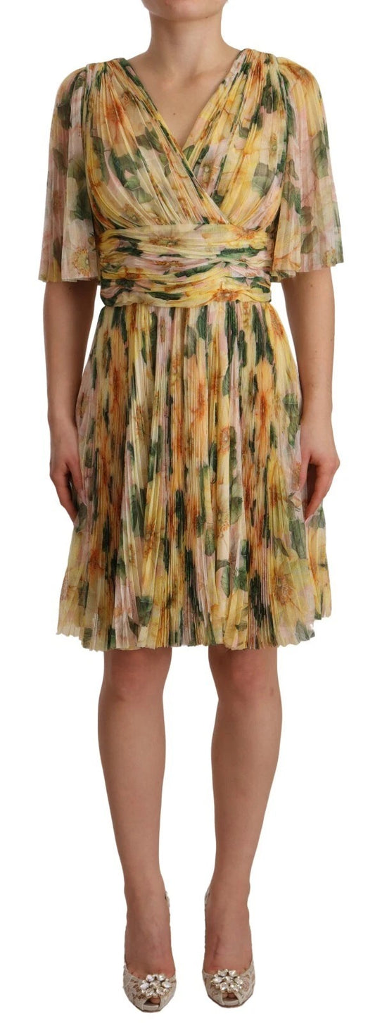 Dolce &amp; Gabbana Yellow Floral Print Pleated Maxi Dress