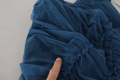 Dolce &amp; Gabbana Blue Mesh Trim Ruched Tulle Sheath Dress