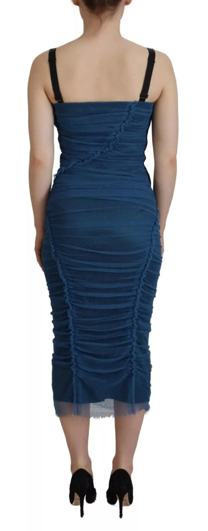 Dolce &amp; Gabbana Blue Mesh Trim Ruched Tulle Sheath Dress