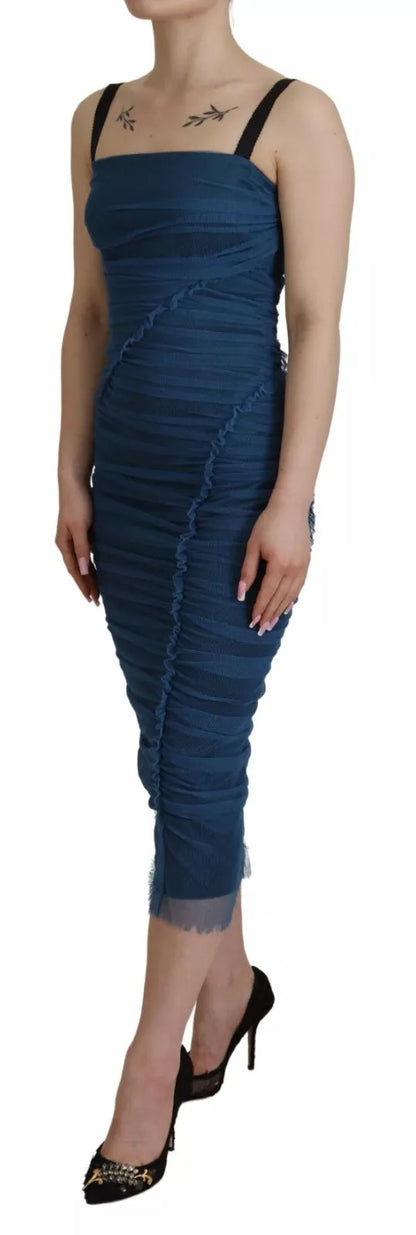 Dolce &amp; Gabbana Blue Mesh Trim Ruched Tulle Sheath Dress