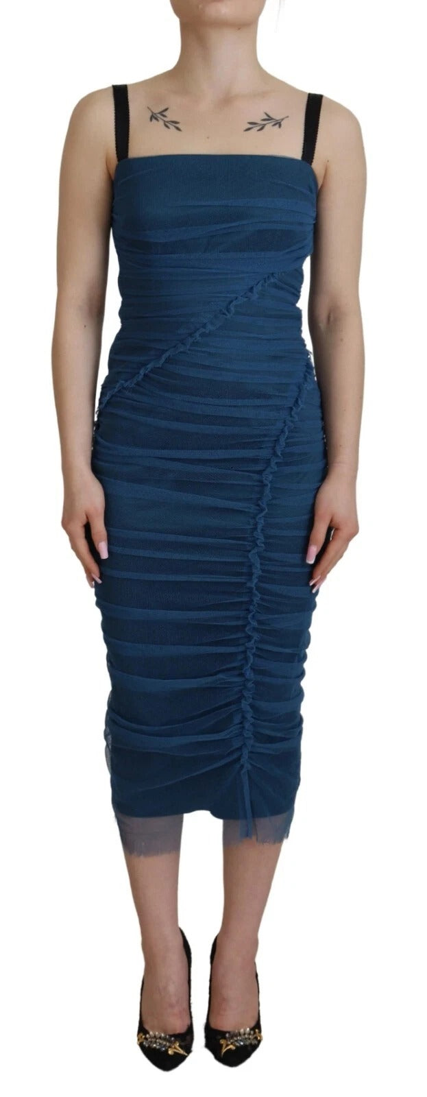 Dolce &amp; Gabbana Blue Mesh Trim Ruched Tulle Sheath Dress