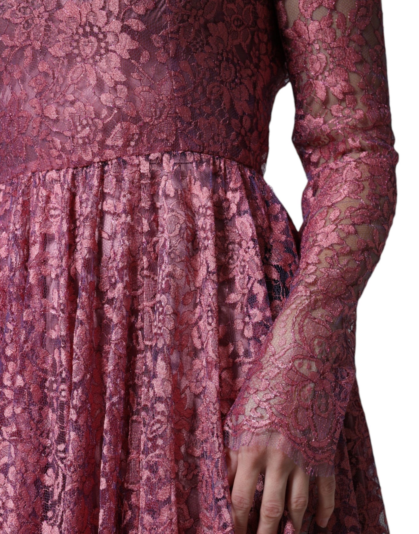 Dolce &amp; Gabbana Pink Floral Lace Long Sleeve Midi Dress