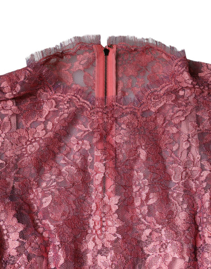 Dolce &amp; Gabbana Pink Floral Lace Long Sleeve Midi Dress