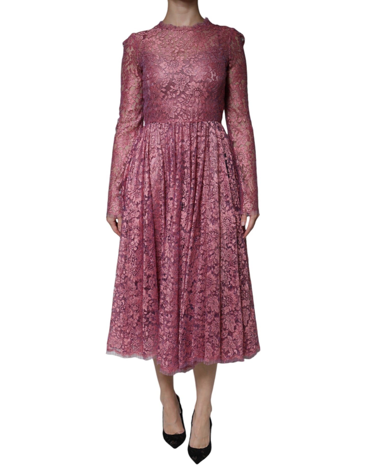 Dolce &amp; Gabbana Pink Floral Lace Long Sleeve Midi Dress