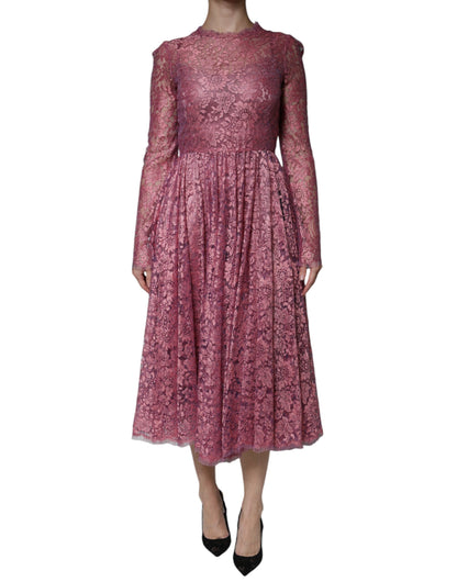 Dolce &amp; Gabbana Pink Floral Lace Long Sleeve Midi Dress