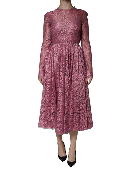 Dolce &amp; Gabbana Pink Floral Lace Long Sleeve Midi Dress