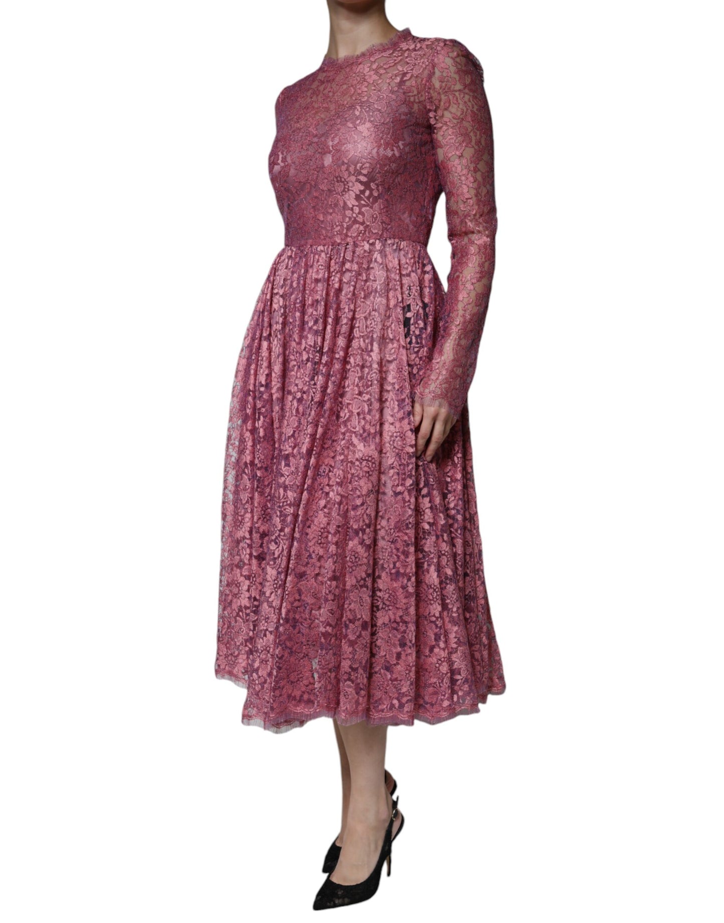 Dolce &amp; Gabbana Pink Floral Lace Long Sleeve Midi Dress