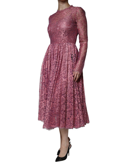 Dolce &amp; Gabbana Pink Floral Lace Long Sleeve Midi Dress