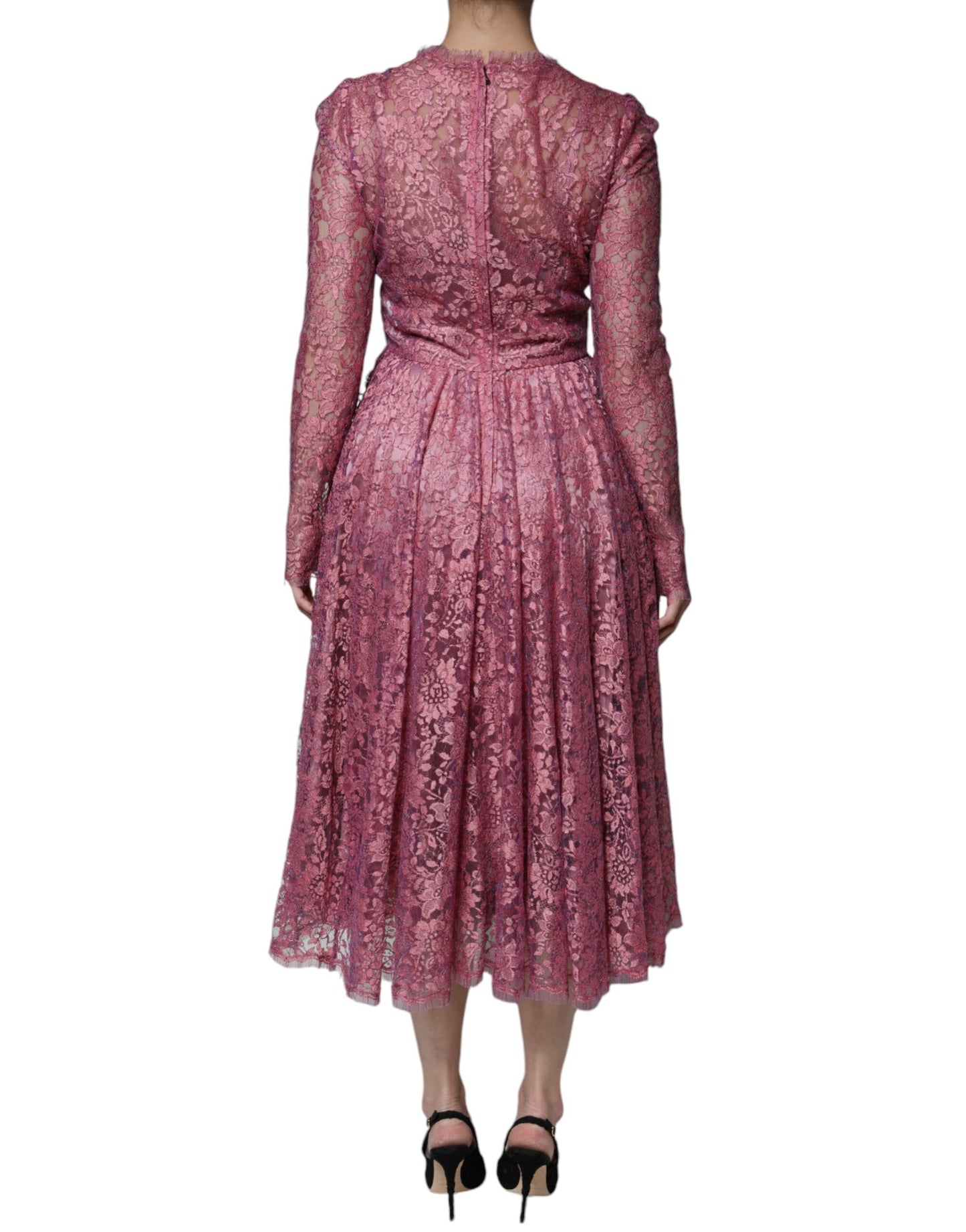 Dolce &amp; Gabbana Pink Floral Lace Long Sleeve Midi Dress