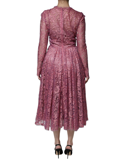 Dolce &amp; Gabbana Pink Floral Lace Long Sleeve Midi Dress