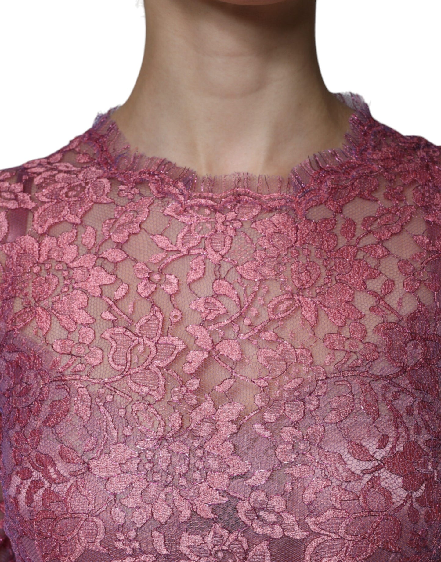 Dolce &amp; Gabbana Pink Floral Lace Long Sleeve Midi Dress
