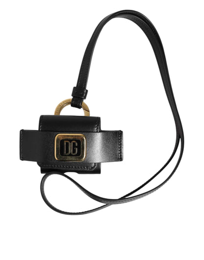 Dolce & Gabbana Black Leather Strap Gold Metal DG Logo Plaque Airpods Case by Dolce & Gabbana