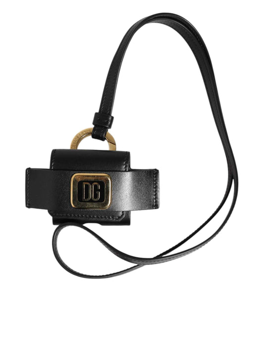 Dolce & Gabbana Black Leather Strap Gold Metal DG Logo Plaque Airpods Case by Dolce & Gabbana