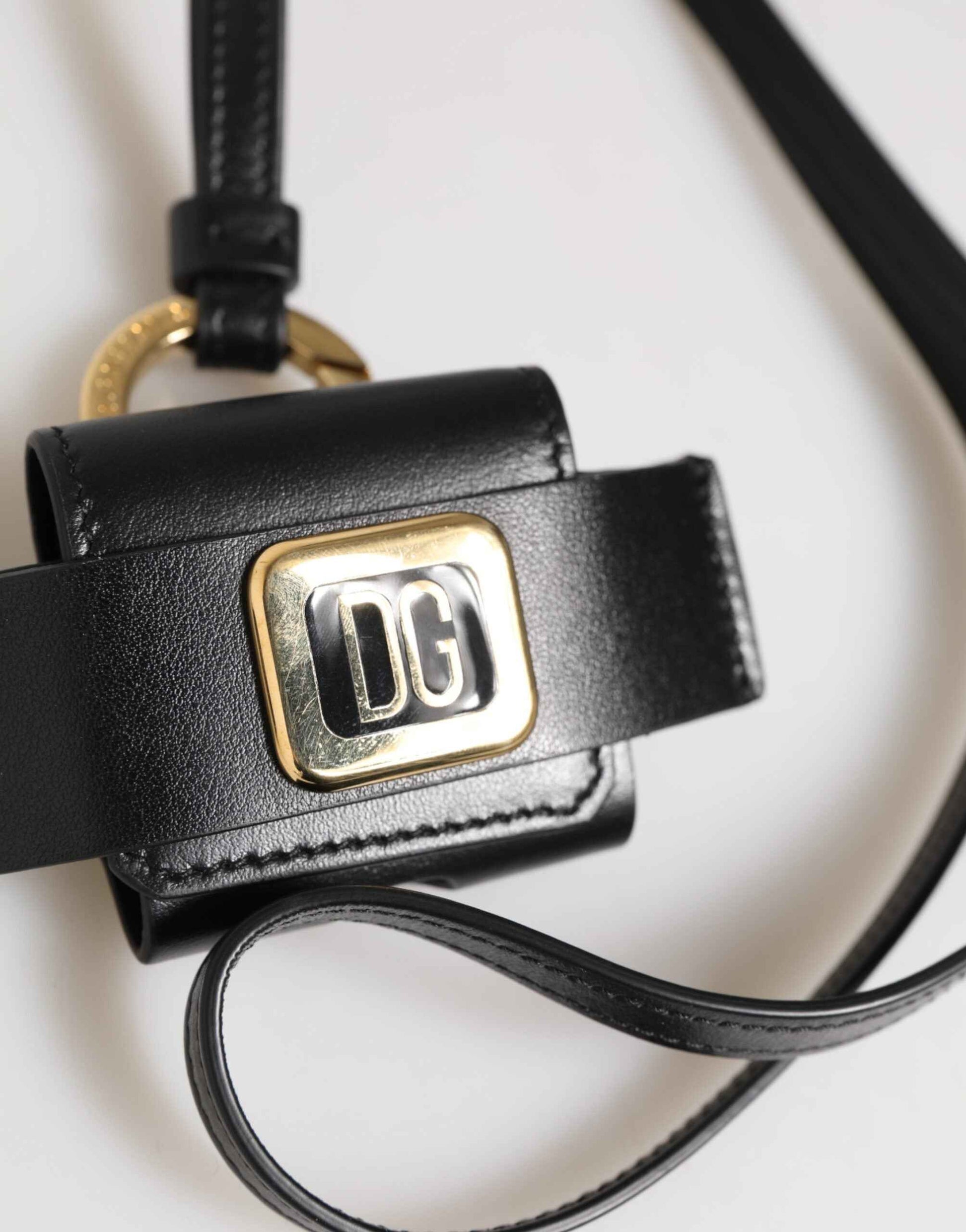 Dolce & Gabbana Black Leather Strap Gold Metal DG Logo Plaque Airpods Case by Dolce & Gabbana