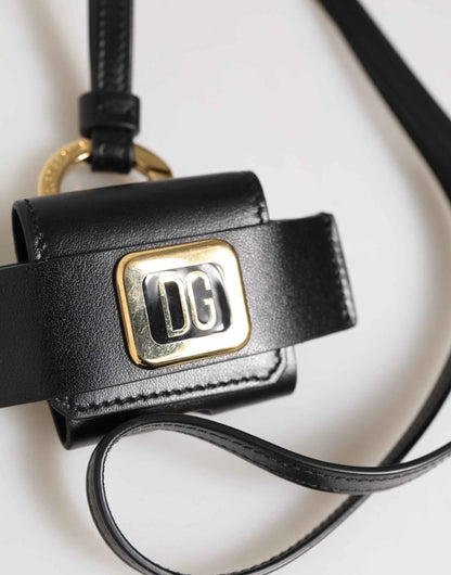 Dolce & Gabbana Black Leather Strap Gold Metal DG Logo Plaque Airpods Case by Dolce & Gabbana