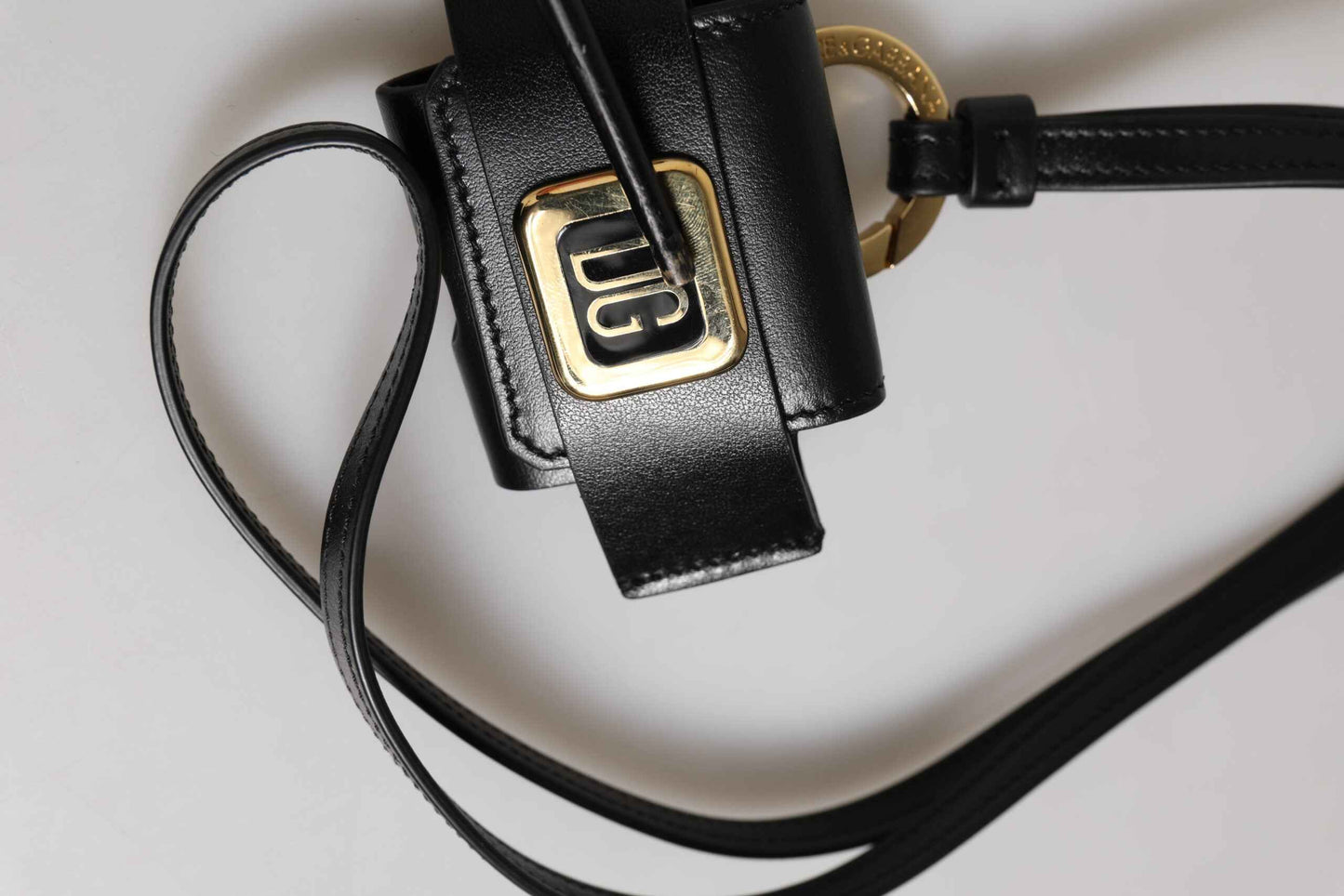 Dolce & Gabbana Black Leather Strap Gold Metal DG Logo Plaque Airpods Case by Dolce & Gabbana