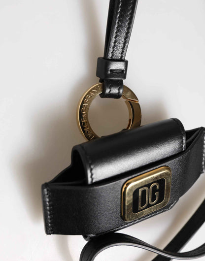 Dolce & Gabbana Black Leather Strap Gold Metal DG Logo Plaque Airpods Case by Dolce & Gabbana