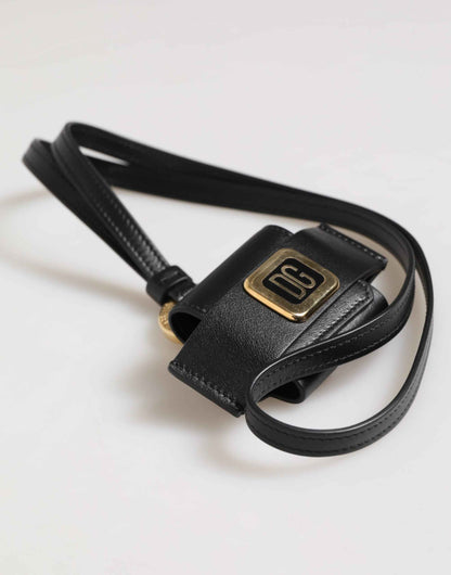 Dolce & Gabbana Black Leather Strap Gold Metal DG Logo Plaque Airpods Case by Dolce & Gabbana