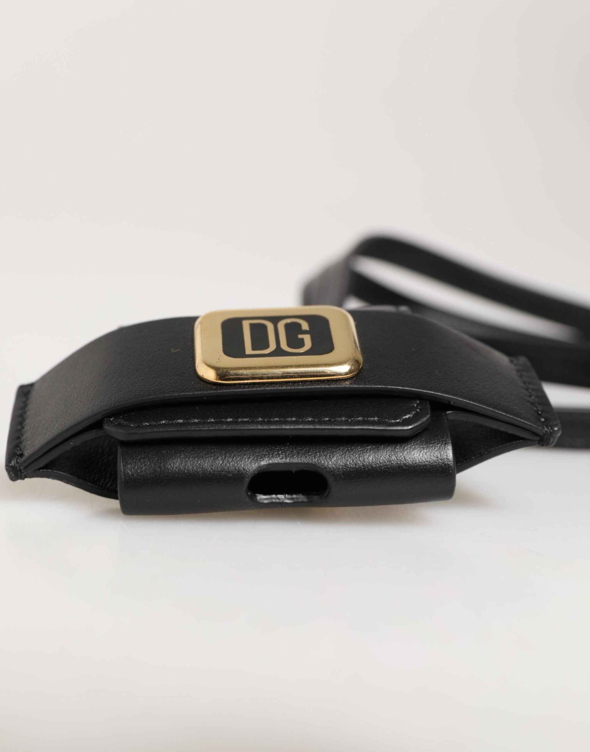 Dolce & Gabbana Black Leather Strap Gold Metal DG Logo Plaque Airpods Case by Dolce & Gabbana