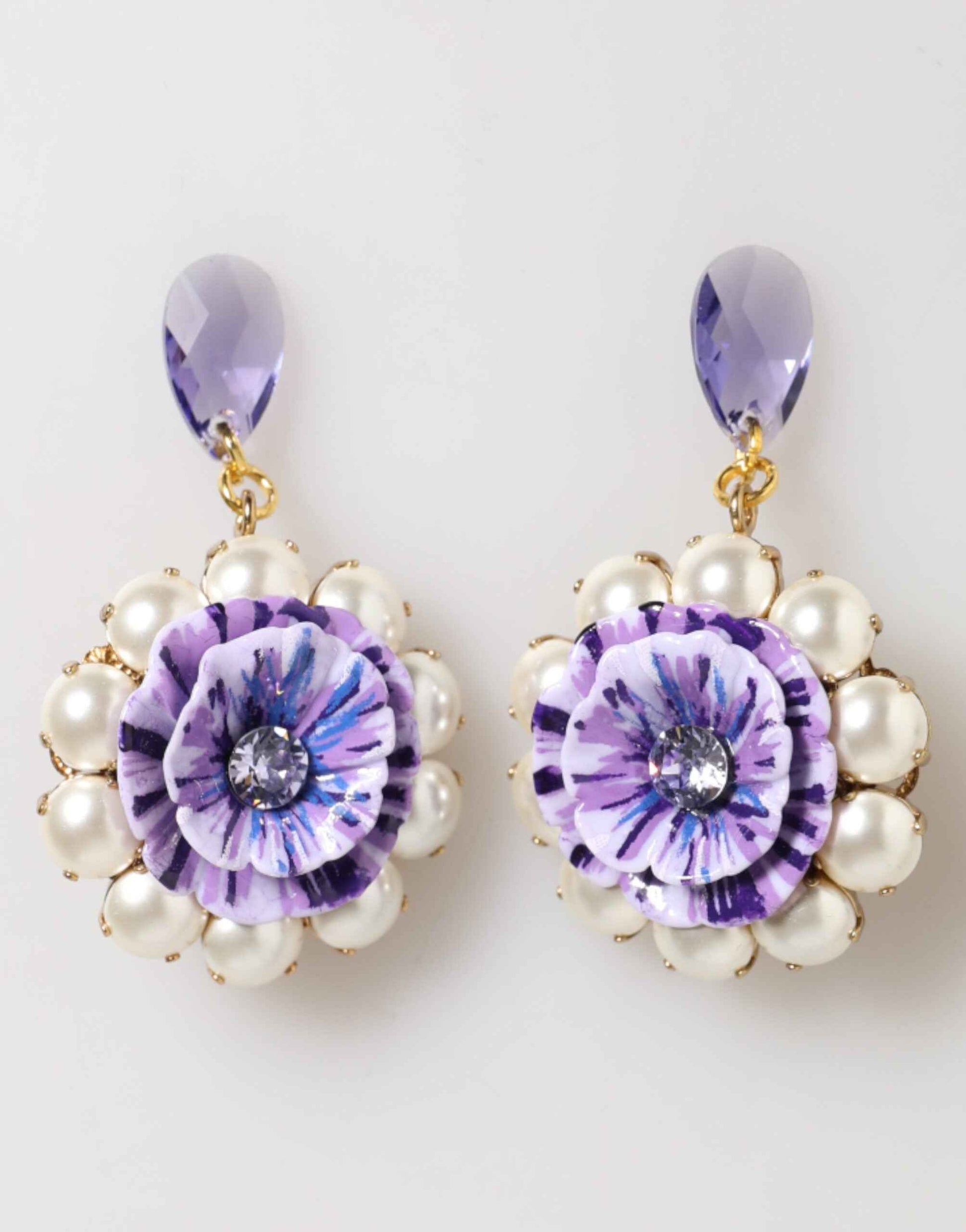 Dolce & Gabbana Purple Floral Crystal Pearl Drop Clip-On Statement Earrings by Dolce & Gabbana