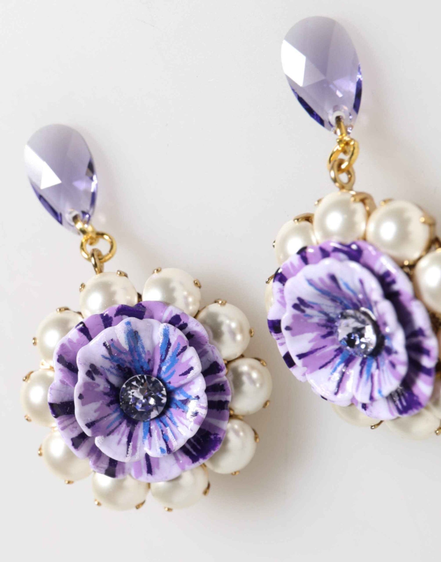 Dolce & Gabbana Purple Floral Crystal Pearl Drop Clip-On Statement Earrings by Dolce & Gabbana