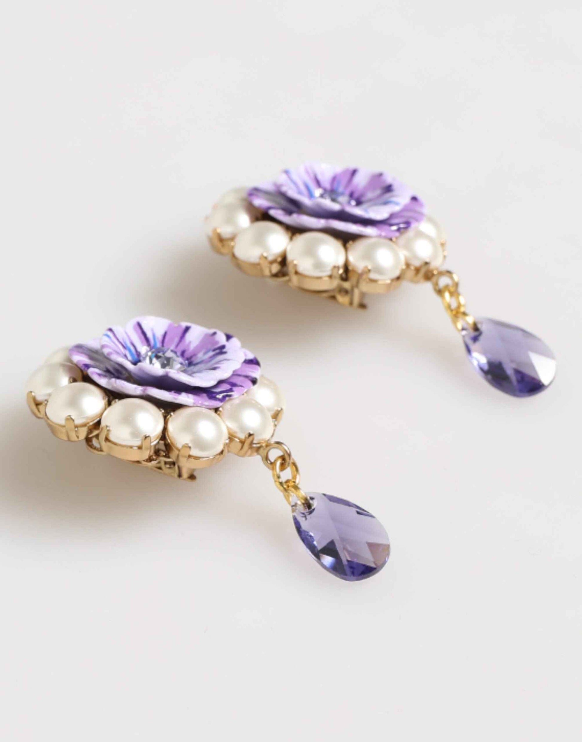 Dolce & Gabbana Purple Floral Crystal Pearl Drop Clip-On Statement Earrings by Dolce & Gabbana