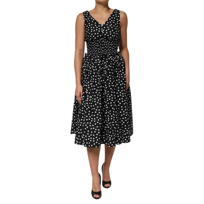 Dolce & Gabbana Black White Cotton Polka Dot Print V Neck Dress by Dolce & Gabbana