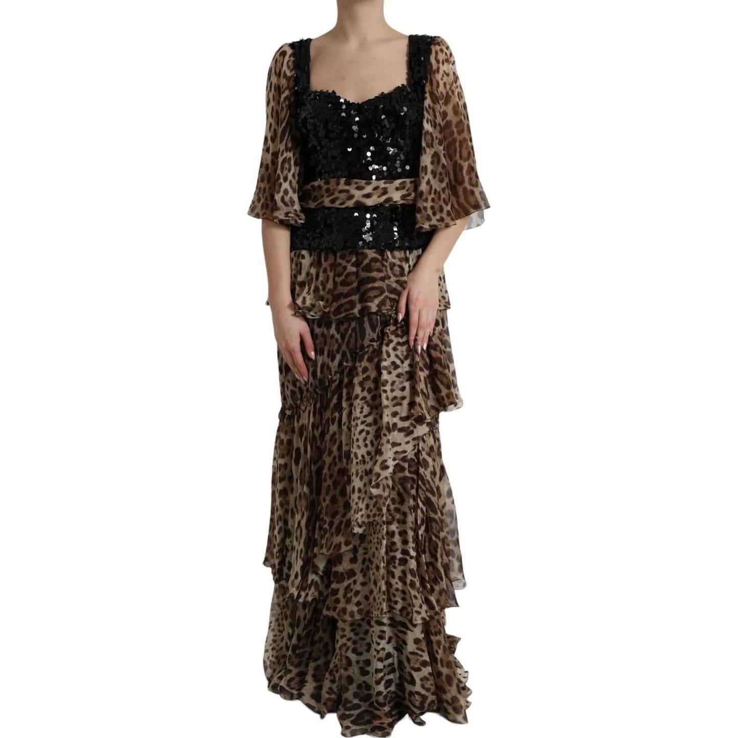 Dolce & Gabbana Leopard Print Silk Sequin Ruffle Maxi Dress by Dolce & Gabbana