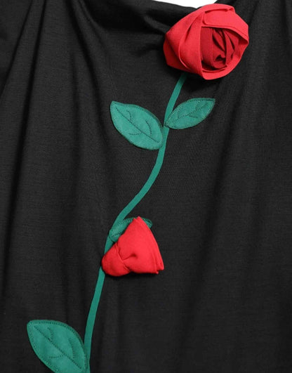 Dolce & Gabbana Black Wool Sleeveless Rose Applique Dress by Dolce & Gabbana