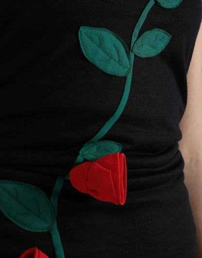 Dolce & Gabbana Black Wool Sleeveless Rose Applique Dress by Dolce & Gabbana