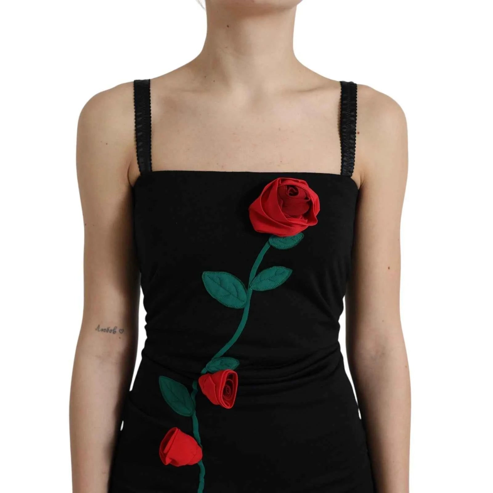 Dolce & Gabbana Black Wool Sleeveless Rose Applique Dress by Dolce & Gabbana