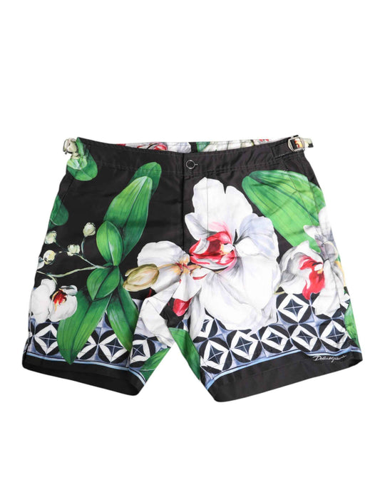 Dolce & Gabbana Black White Polyester Floral Orchid Print Shorts by Dolce & Gabbana