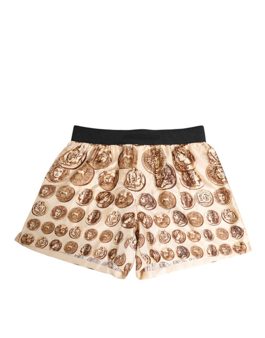 Dolce & Gabbana Brown Ancient Coin Print Silk Shorts Swimwear by Dolce & Gabbana