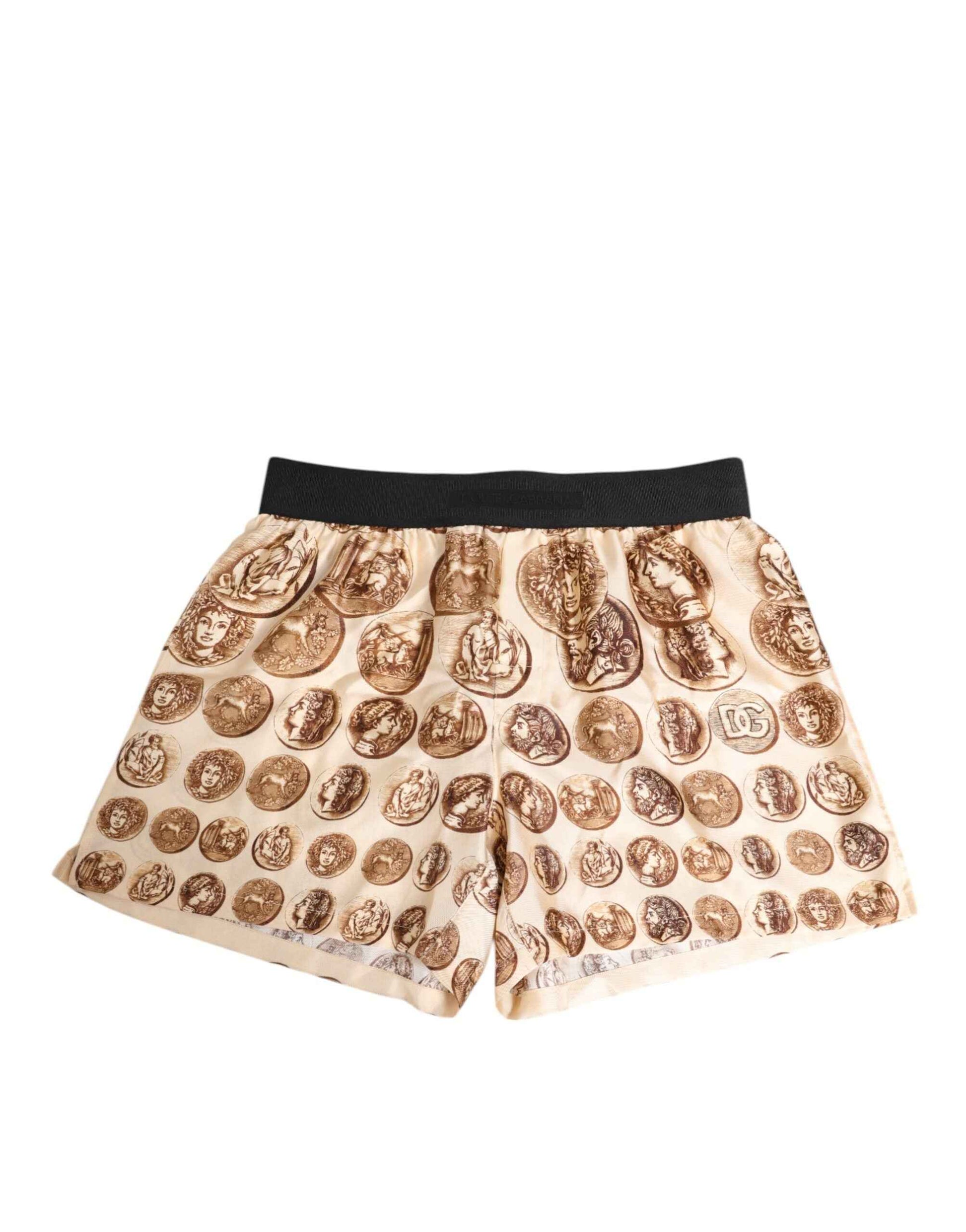Dolce & Gabbana Brown Ancient Coin Print Silk Shorts Swimwear by Dolce & Gabbana