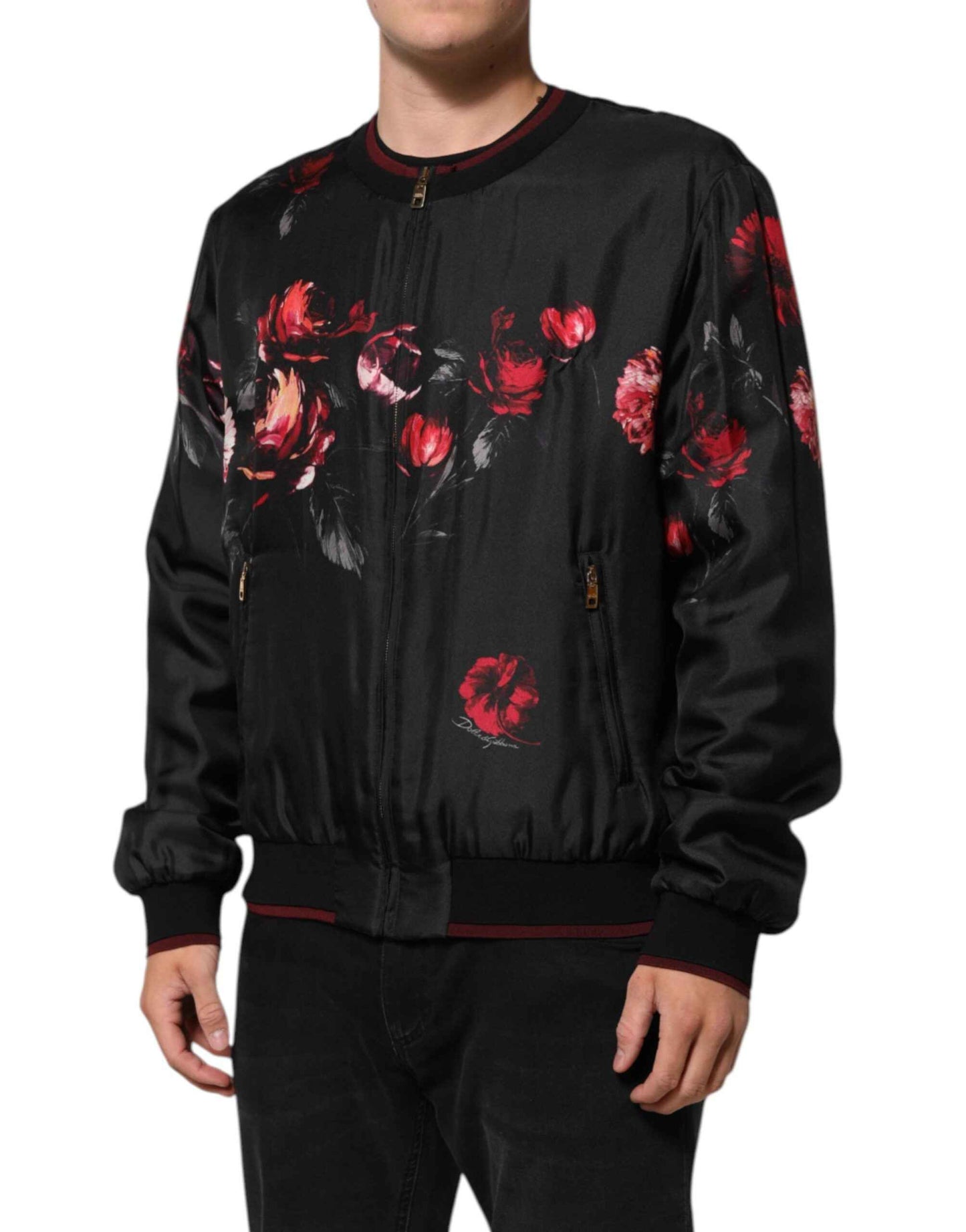 Dolce & Gabbana Black Red Floral Silk Bomber Blouson Jacket by Dolce & Gabbana