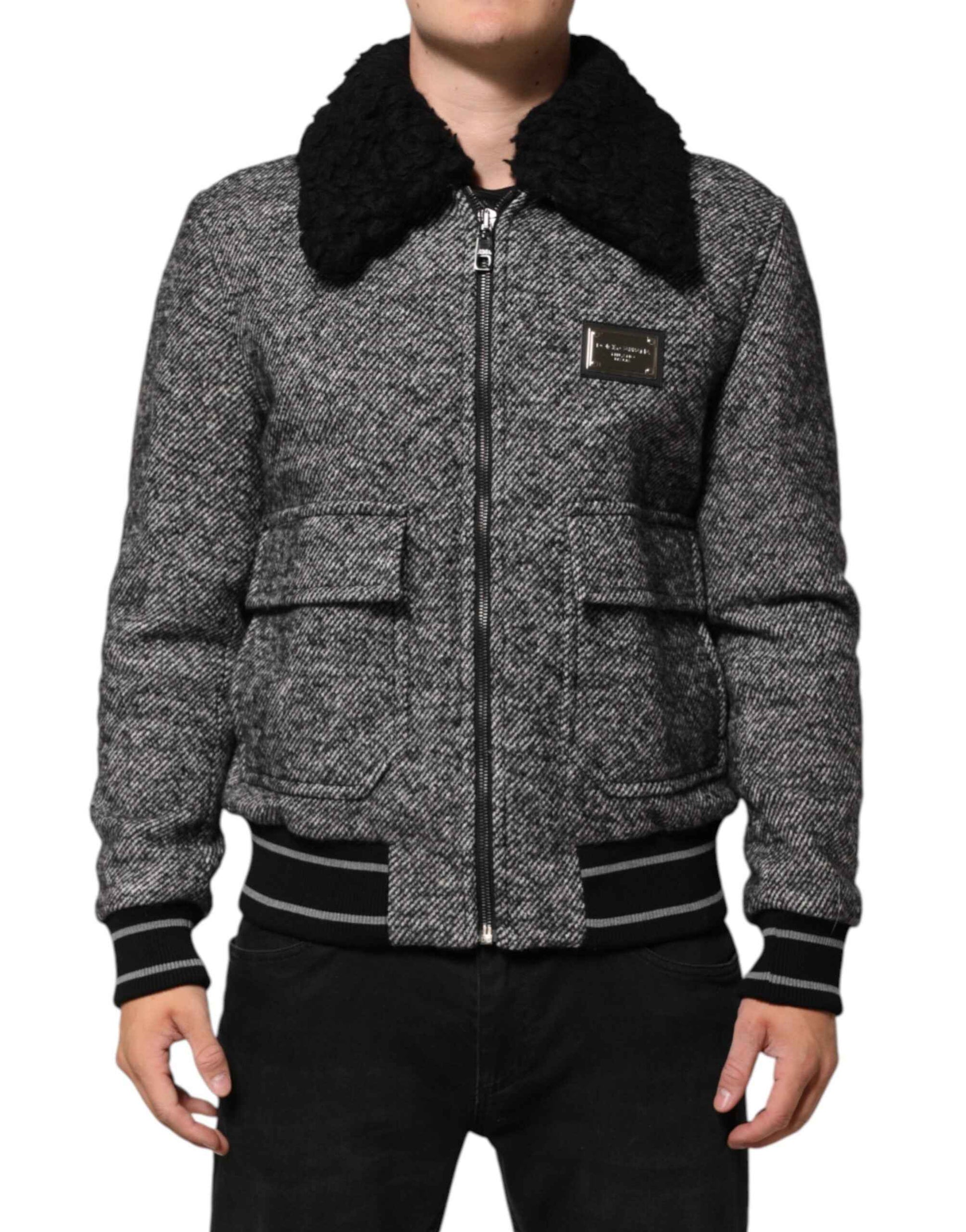 Dolce & Gabbana Gray Wool Herringbone Shearling Collar Bomber Jacket by Dolce & Gabbana
