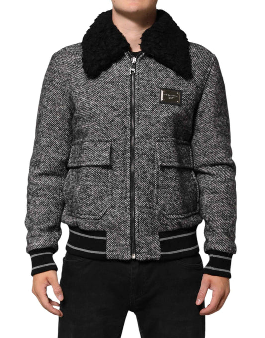 Dolce & Gabbana Gray Wool Herringbone Shearling Collar Bomber Jacket by Dolce & Gabbana