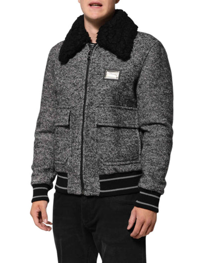 Dolce & Gabbana Gray Wool Herringbone Shearling Collar Bomber Jacket by Dolce & Gabbana