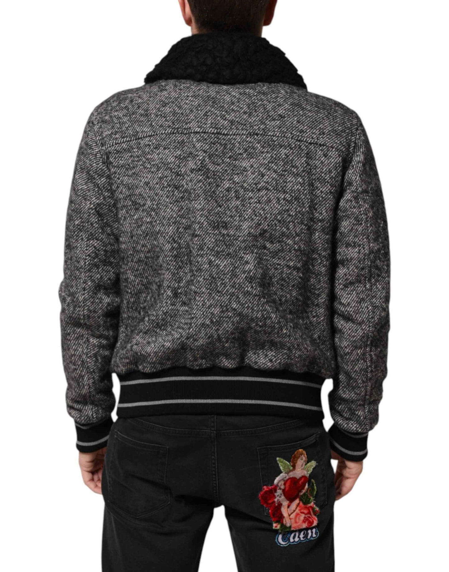 Dolce & Gabbana Gray Wool Herringbone Shearling Collar Bomber Jacket by Dolce & Gabbana