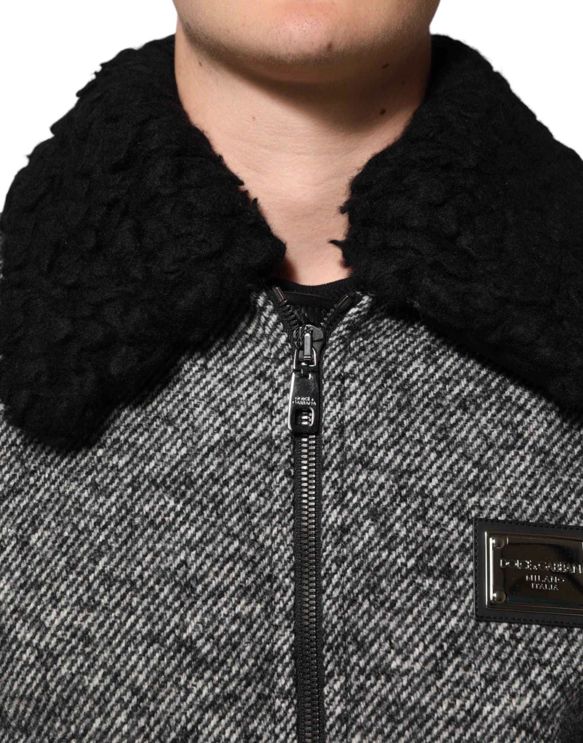 Dolce & Gabbana Gray Wool Herringbone Shearling Collar Bomber Jacket by Dolce & Gabbana